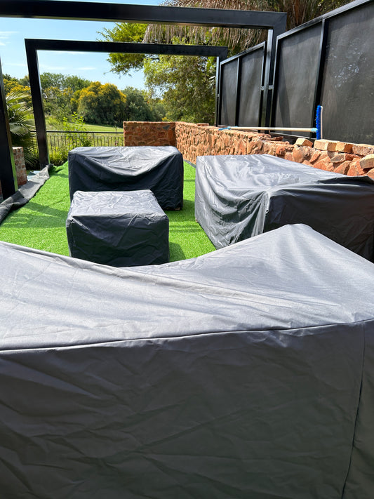 Weather proof grey couch covers and coffee table cover