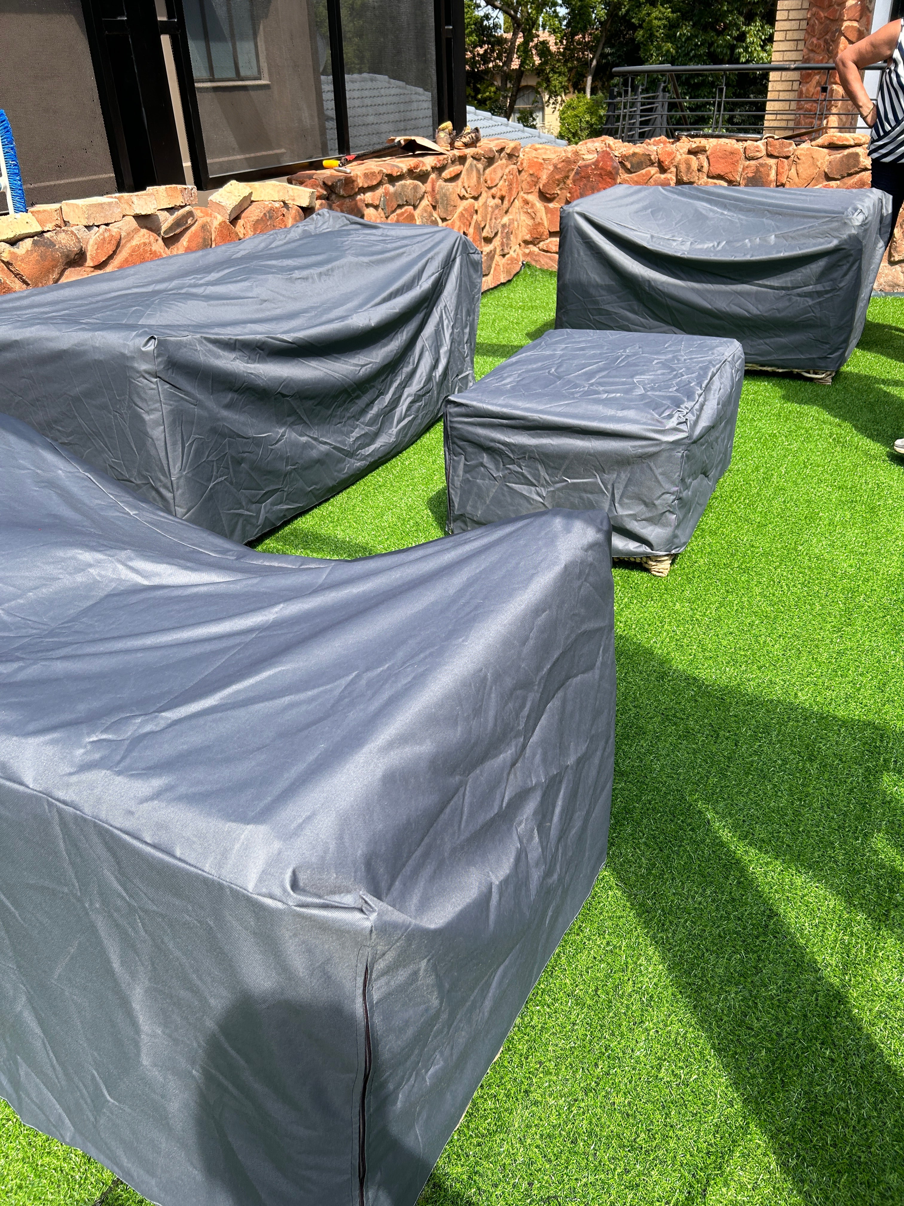 Weather proof grey couch covers and coffee table cover